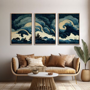 Retro Japanese Style Wave Art, A Storm Torrent, 3 Piece Wall Art, Ready To Hang Canvas Print