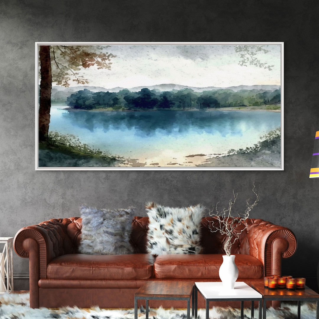 Blue Lake Art Framed Canvas Print Blue Lake Painting Lake House Decor