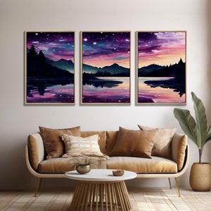 Fantasy Starry Night Magical Forest Landscape, 3 Piece Wall Art, Ready To Hang Canvas Print, Cool Unique Living Room Wall Art Decor image 5