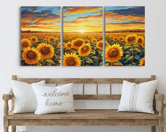 Beautiful Canvas Print Set | Sunflowers Wall Art Triptych | Botanical Print Set | Living Room Wall Art | Flower Illustrations | Flower Art