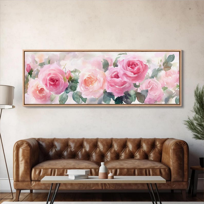 Elegant Pink Roses Framed Canvas Print - Cottagecore Floral Art ...