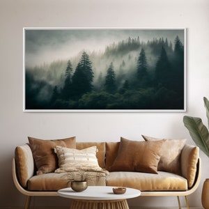 Morning fog over a mountain forest, framed canvas print, foggy pine tree landscape, framed wall art, misty mountain landscape art