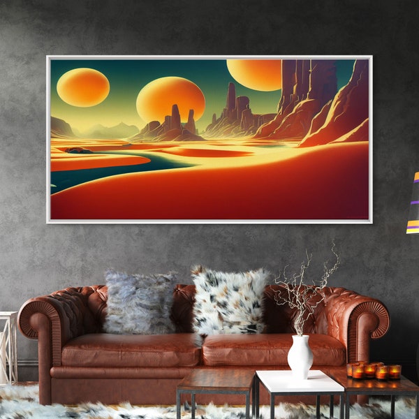 Trippy Art Deco Scifi Painting of an Alien World,  Wall Decor, Ready To Hang Framed Canvas Print, Oversize Wall Art
