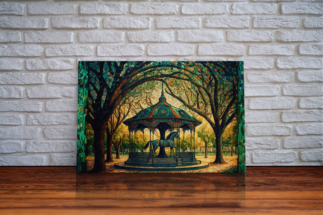 Framed Canvas Print, Painting of a Vintage Carousel, Stained Glass Style Wall Art Etsy