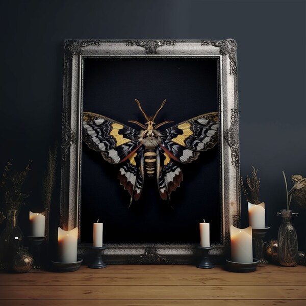 Framed Death Head Moth Canvas Print, Acherontia, Taxidermy Art, Dried Butterfly Print, Bug Wall Art Hanging Decor, Goth Art, Halloween Art