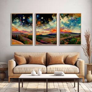 Night Starry Sky Landscape Colorful Night Sky Nature Living Room Wall Art Spiritual Starry, 3 Piece Wall Art, Ready To Hang Canvas Print