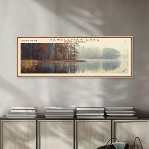 Randleman Lake North Carolina Framed Canvas Print, Lake House Decor, Panoramic Wall Art, Travel Poster, Landscape Painting, Cottage Art