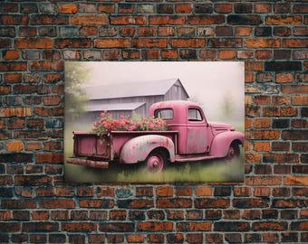 Framed Picture of old truck with beautiful flowers in bed of truck, farmhouse living, old barn, farmhouse distressed, framed canvas print