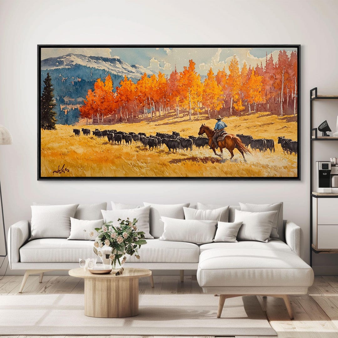 Cowboy Herding Cattle Under Mountains Framed Canvas Print Tall Art ...