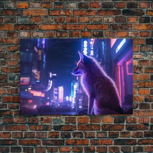 May include: A digital art print featuring a purple fox in a futuristic cityscape with neon lights. The fox is the focal point, set against a backdrop of glowing buildings and a dark, atmospheric sky. The artwork is mounted on a brick wall.