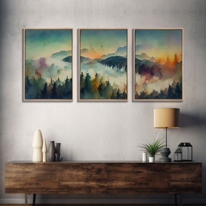 Dramatic Watercolor Sunset Landscape Abstract, Landscape Art, 3 Piece Canvas Decor, 3 Piece Wall Art, Ready To Hang Canvas Prints, Colorful