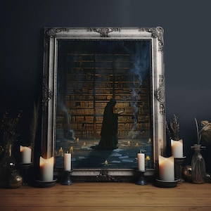 Hooded Figure in Library Halloween Art, Spooky Study, Haunted Library, Creepy Room, Gothic Reading, Framed Canvas Print