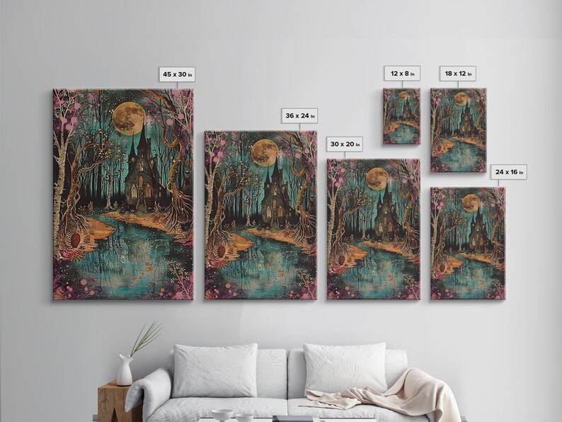 Haunted Castle by the Lake Framed Canvas Print, Halloween Wall Art, Spooky Art, Home Decor, Living Room Decor, Gothic Artwork, Creepy Castle image 8