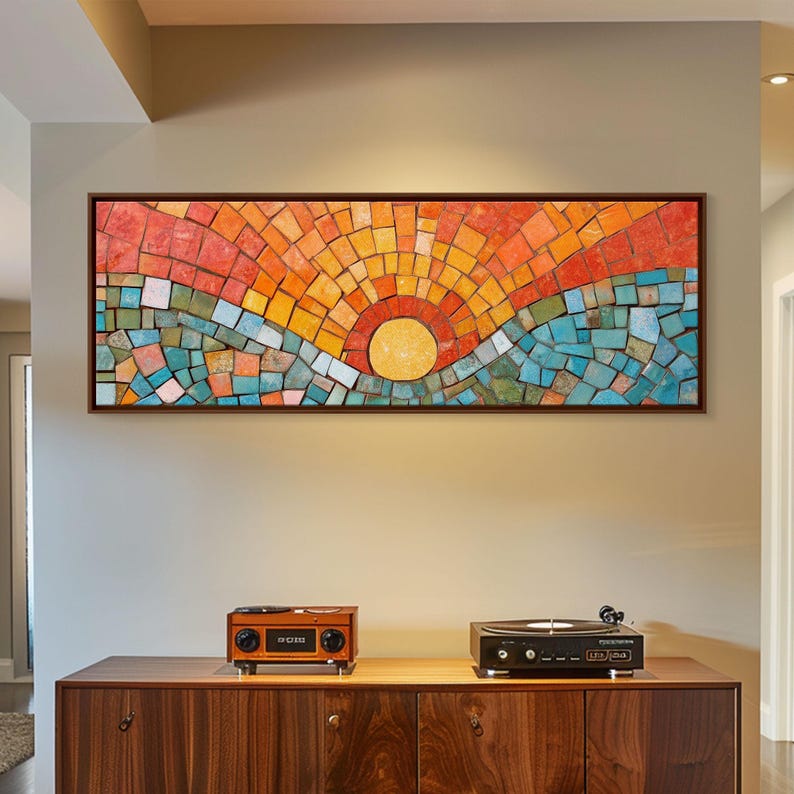 Large Wide Wall Art Sunset Mosaic Canvas Print Retro / Vintage Style