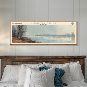 Lake Minatare Nebraska Framed Canvas Print, Lake House Decor, Panoramic Wall Art, Travel Poster, Landscape Painting, Living Room Decor