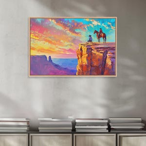 Wild West Art Print, Vintage / Retro Cowboy Wall Art, Framed Canvas or Metal Art, Midcentury Modern Watercolor Painting, Cowboy at Sunset image 19