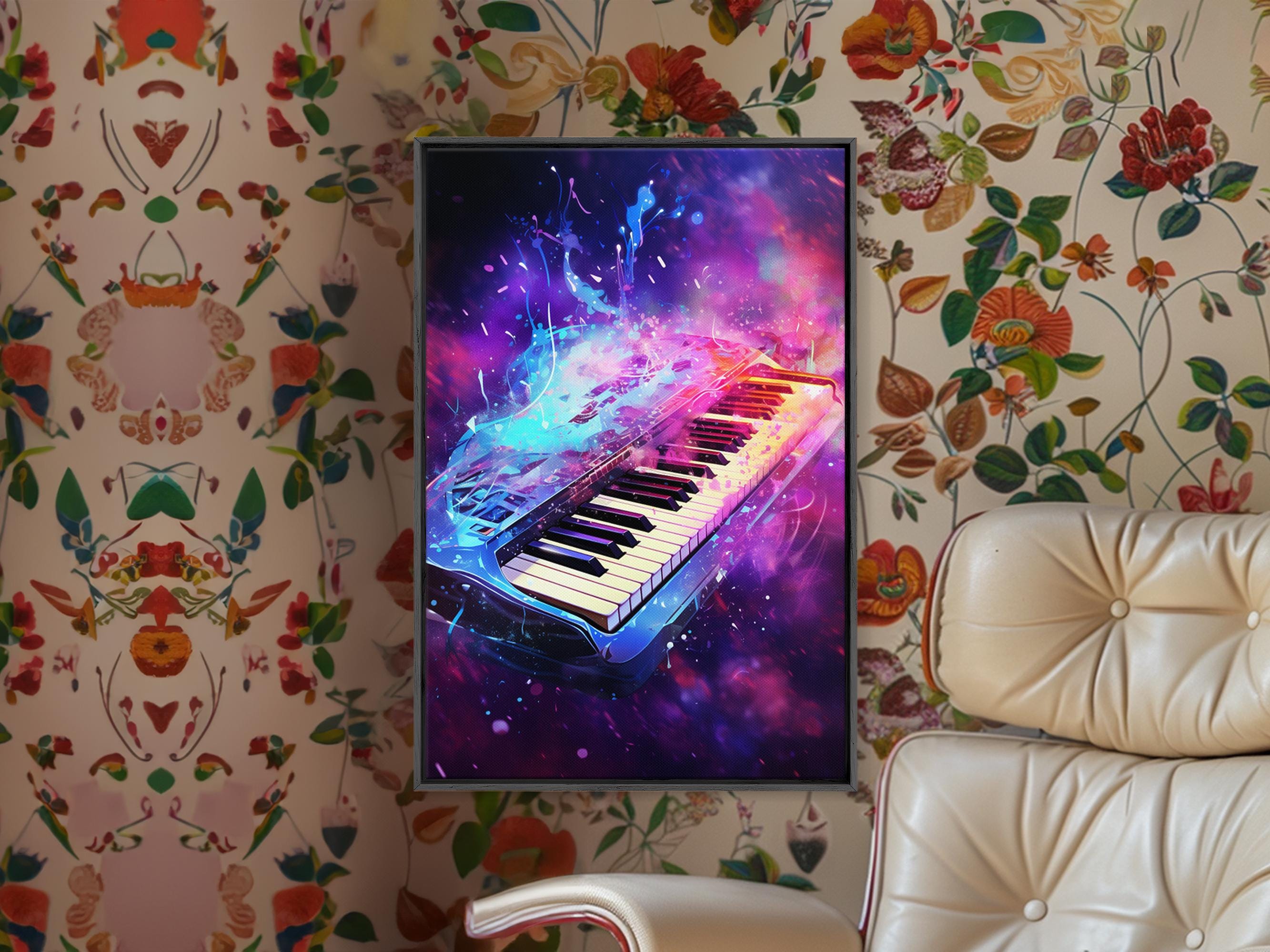 Cosmic Keyboard, Galaxy Music Art Framed Canvas Print, Electric