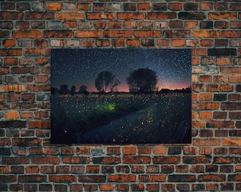 Fireflies light up the Oklahoma Prairie under a Starry night sky, framed canvas print