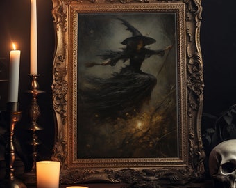 Spooky Season Witch Decor, Witch Painting Framed Canvas Print, Halloween Art, Witch Art, Witchcraft, Witch Decor, Felt Witch Hat