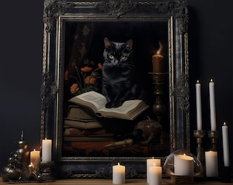 Spooky Black Cat Witch Familiar Print, Vintage Canvas, Art Canvas Print, Dark Academia, Gothic Victorian, Black Cat Art, Witchy Decor
