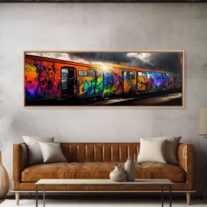 Graffiti Covered Train, Colorful Graffiti Art, Extra Large Wall Art, Framed Panoramic Canvas Print, Framed Wall Decor | Wall Art