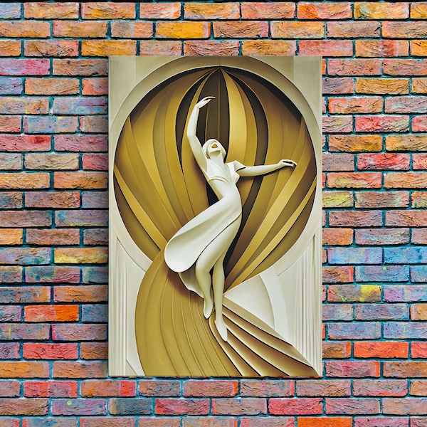 Art Deco Sculpture Canvas Print, Framed Wall Art, 1930s Inspired Retro Art, White and Gold Ballerina