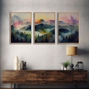 Dramatic Watercolor Sunset Landscape Abstract, Landscape Art, 3 Piece Canvas Decor, 3 Piece Wall Art, Ready To Hang Canvas Prints