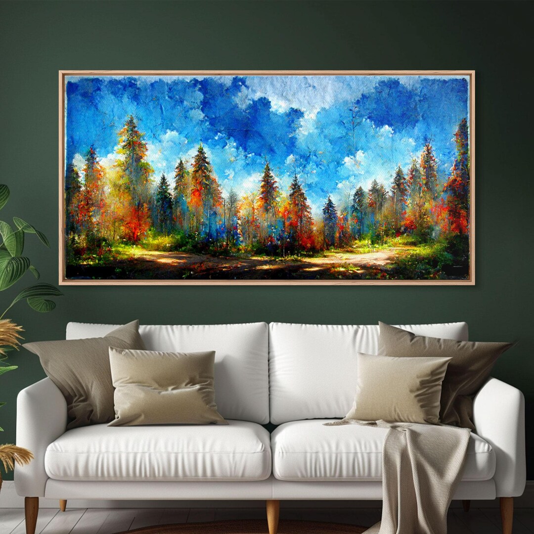 Beautiful Forest Sunset Oil Painting Canvas Print, Blue Skies and Fall ...