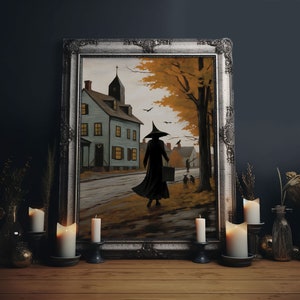Salem Witch With Her Black Cats, Halloween Landscape Vintage Style Folk  Art, Horror Art, Haunted Church, Spooky Village Halloween Art