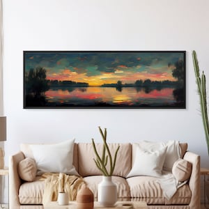 Cool Sunset Over The Lake, Ready To Hang Canvas Print, Panoramic Art, Lakehouse Wall Decor, Lake House Art, Beach House Art