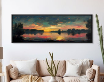 Cool Sunset Over The Lake, Ready To Hang Canvas Print, Panoramic Art, Lakehouse Wall Decor, Lake House Art, Beach House Art