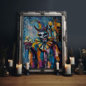 Halloween Grinning Clown with Skulls Framed Canvas Print, Scary Wall Art, Home Decor, Haunted Decor, Gift Idea, Creepy Circus
