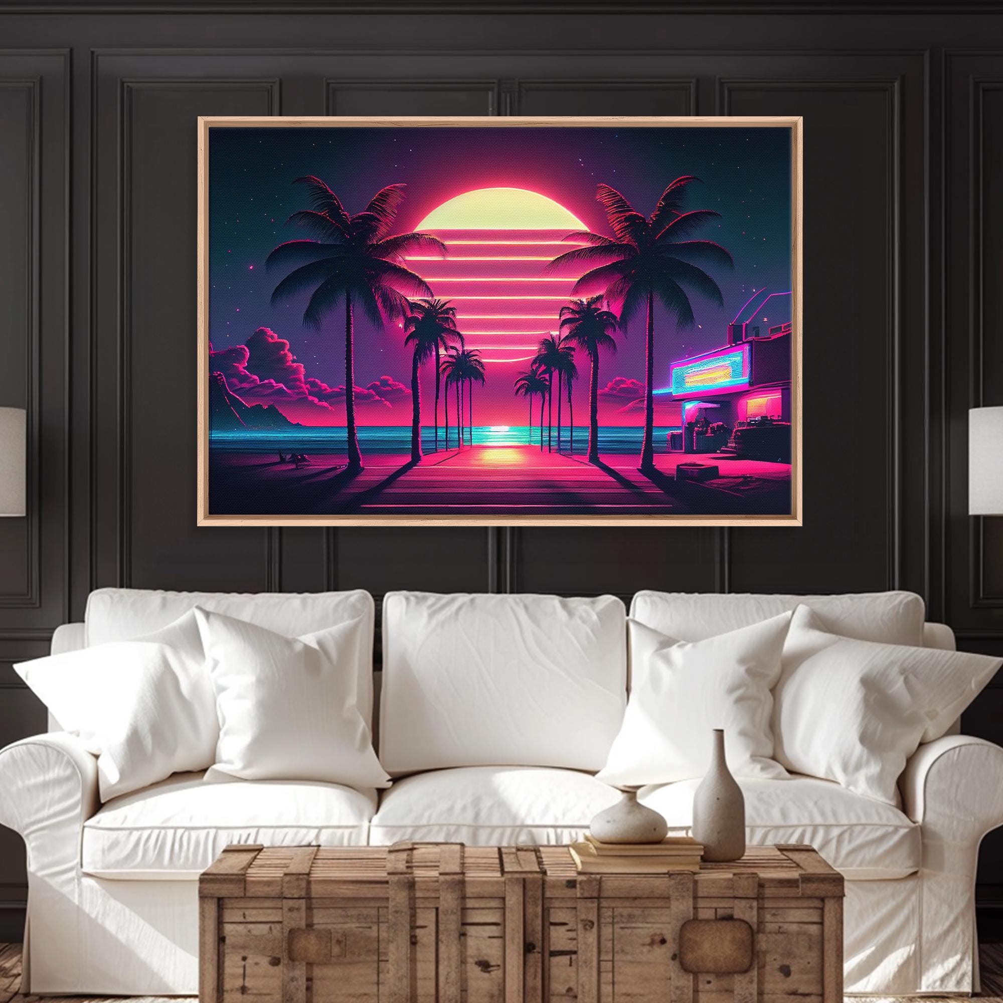 The Neon Boardwalk, Florida Synthwave Sunset, Framed Canvas Print