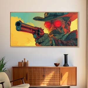 High Noon In The West, Framed Canvas Print, Looking Down The Barrel, Wild West Cowboy Print, Retro Style Western Decor, Cel Shaded Comic Art