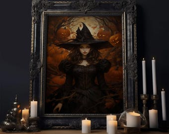 Beautiful Gothic Witch Art, Framed Halloween Canvas, Canvas Print, Spooky Halloween Wall Art, Halloween Deco, Witchy Art Pumpkin Patch Witch
