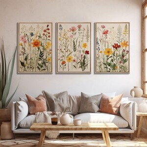 Boho Framed Canvas Wall Art Set, 3 Piece Art, Watercolor Wildflowers Floral / Botanical Print, Minimalist Wall Art, Boho Decor, Colorful Art