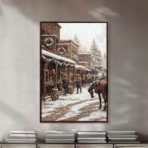 Nostalgic Cowboy Christmas Scene Framed Canvas Print Tall Art With Snowy Western Town, Rustic Wall Art Vintage Christmas Home Decor