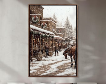 Nostalgic Cowboy Christmas Scene Framed Canvas Print Tall Art With Snowy Western Town, Rustic Wall Art Vintage Christmas Home Decor
