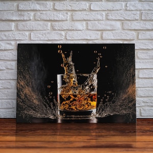 Whiskey Wall Décor, Ice falling into a glass of whiskey, modern / contemporary bar wall art, framed canvas print