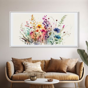 Wildflower Canvas Print, Watercolor Flowers, Farmhouse Decor, Meadow Grass, Bedroom Wall Decor, Pastel Colors, Botanical Greenery