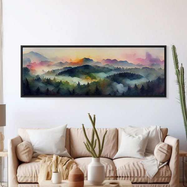 Dramatic Watercolor Sunset Landscape, Ready To Hang Canvas Print, Panoramic, Emerald Green Landscape Wall Decor