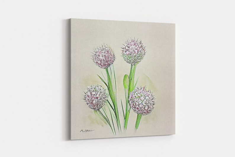 allium roseum, Watercolor Flower Art, Floral Art, Gifts for Her, framed canvas print, wall art image 2