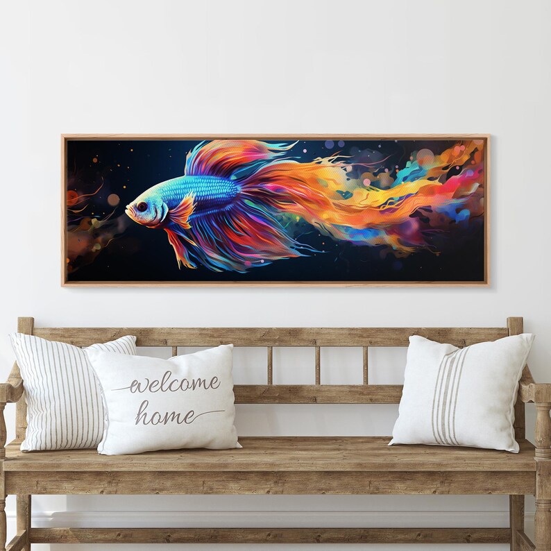Pintura de pez Betta, arte mural, impresión en lienzo enmarcado, pez luchador siamés, arte mural de acuario, pintura colorida de pez mascota imagen 20