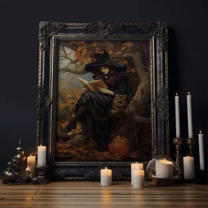 Bruja leyendo hechizos a su gato negro, arte vintage de Halloween, impresión en lienzo enmarcada, arte de Halloween, brujería