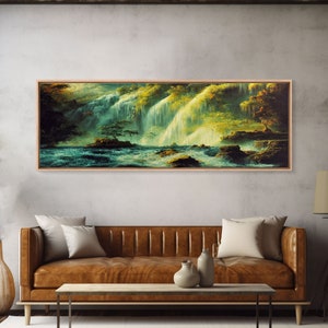 Vintage Style Trees, Forest, Waterfall and Mountain Art, Extra Large Wall Art, Framed Panoramic Canvas Print, Framed Wall Art