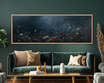 Dark & Moody Wild Flowers At Night, Framed Canvas Print, Panoramic Thought Provoking Wall Art, Above Bed Art, Dark Floral Painting