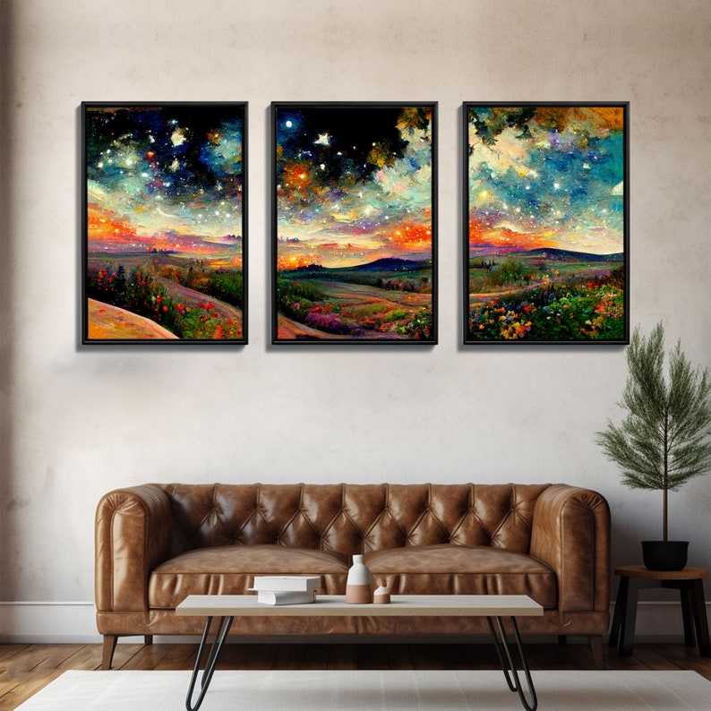 Night Starry Sky Landscape Colorful Night Sky Nature Living Room Wall Art Spiritual Starry, 3 Piece Wall Art, Ready To Hang Canvas Print image 7