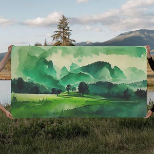 Emerald Green Watercolor Landscape Abstract, ready to hang canvas print wall art, framed canvas wall art
