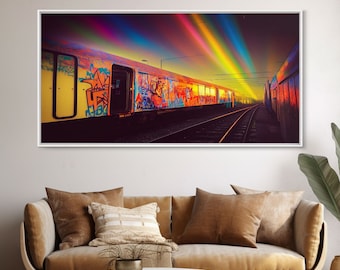 Box car graffiti art, wall decor, train box car, ready to hang canvas print wall art, rainbow train wall art