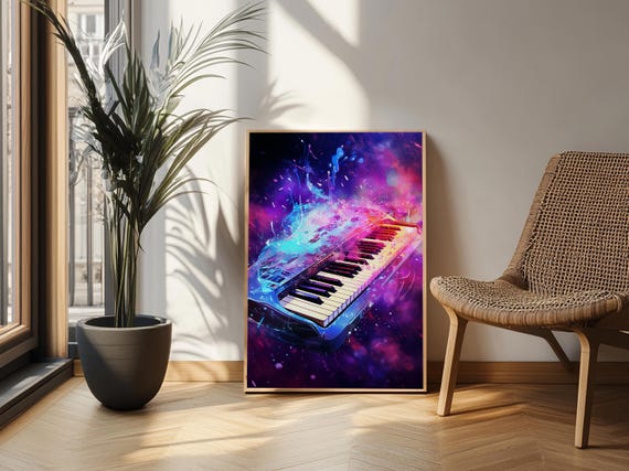 Cosmic Keyboard, Galaxy Music Art Framed Canvas Print, Electric
